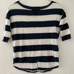 Navy blue and white striped medium sleeves shirt